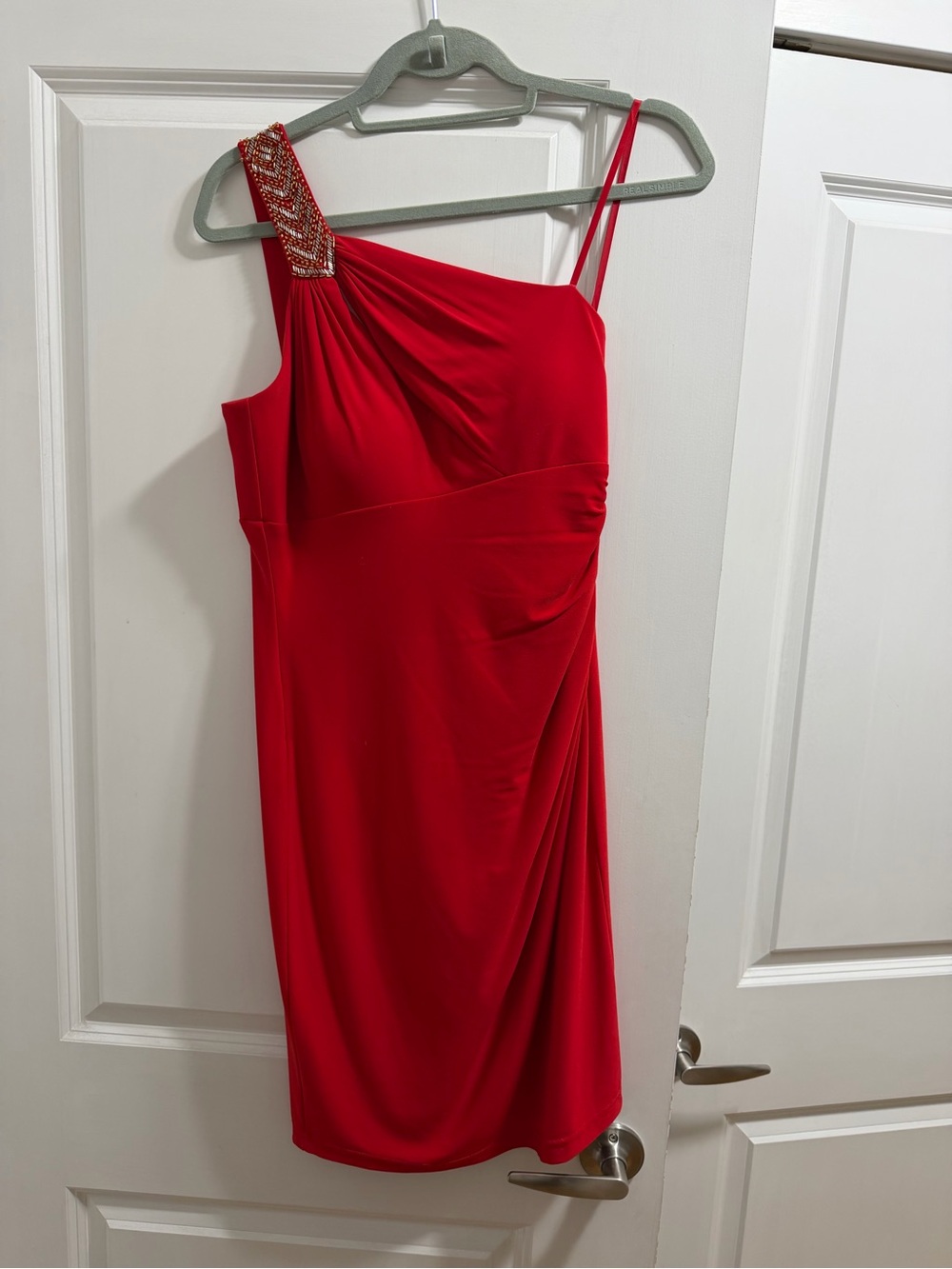 Cache One-Shoulder Red Cocktail Dress with Beaded Strap